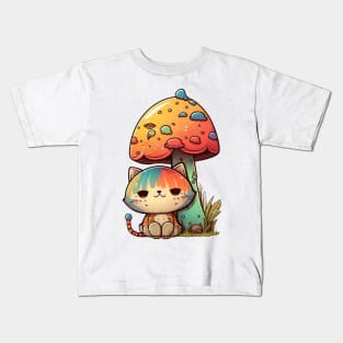 Psychedelic Cat Under Mushroom Cartoon Design Kids T-Shirt